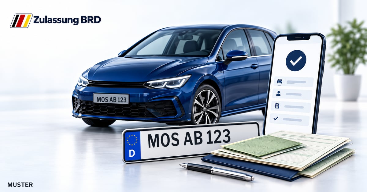 Online Fahrzeugzulassung in Mosbach: Musterkennzeichen MOS AB 123, Auto und Fahrzeugpapiere und Smartphone. Illustration mit Logo von Zulassung BRD.